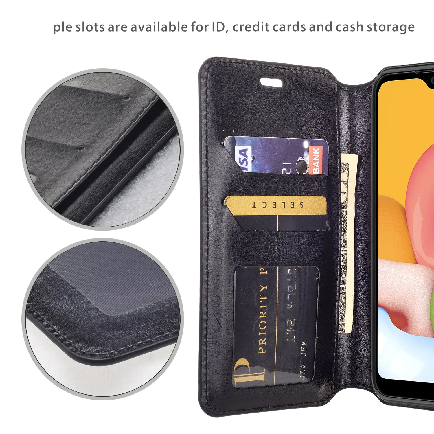 Samsung Galaxy A01 Case, Galaxy A01 Wallet Case, Pu Leather Wallet Case [Kickstand] with ID & Credit Card Slots for Galaxy A01  - Black