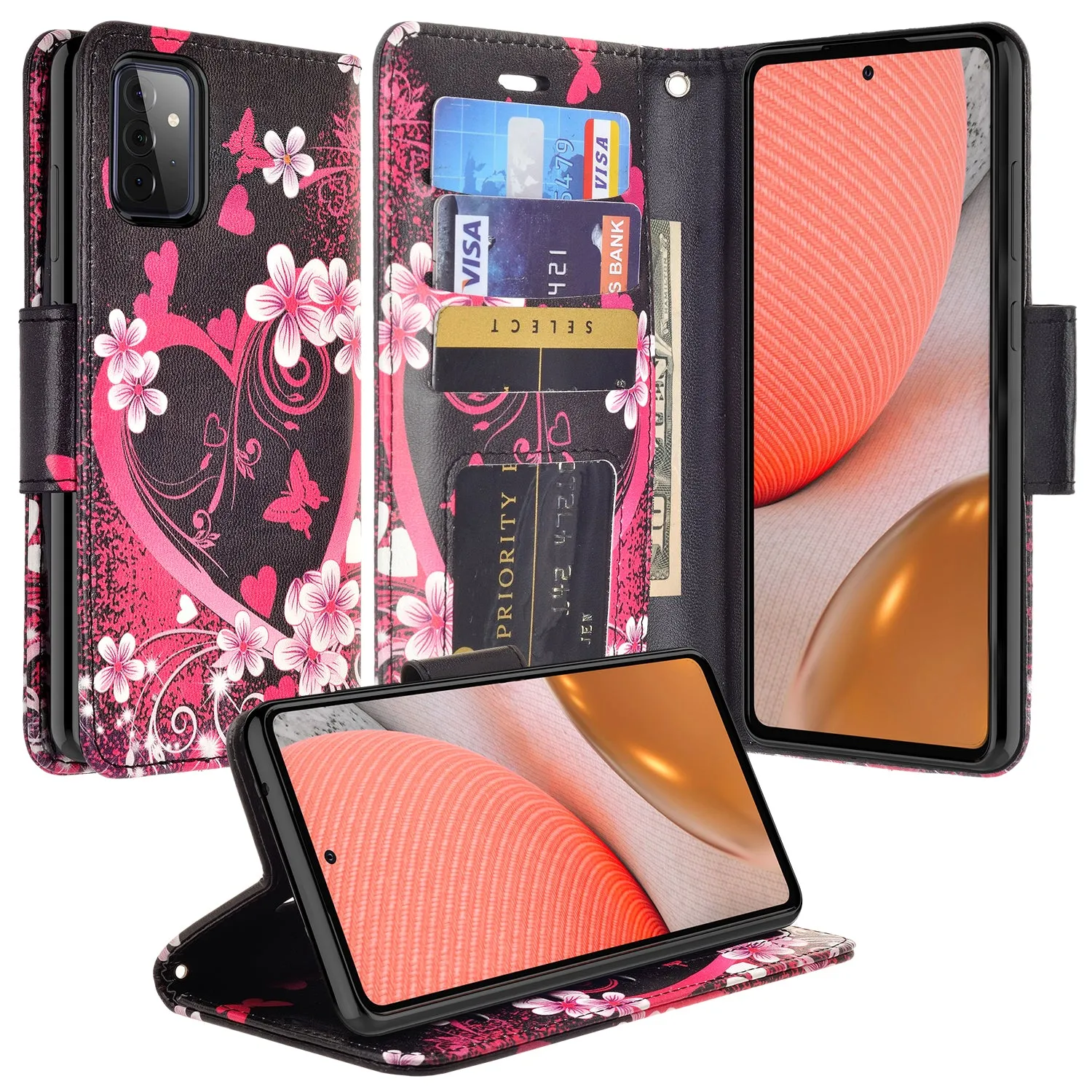 Samsung Galaxy A02s Case, Galaxy A02s Wallet Case, Wrist Strap Pu Leather Wallet Case [Kickstand] with ID & Credit Card Slots - Heart Butterflies