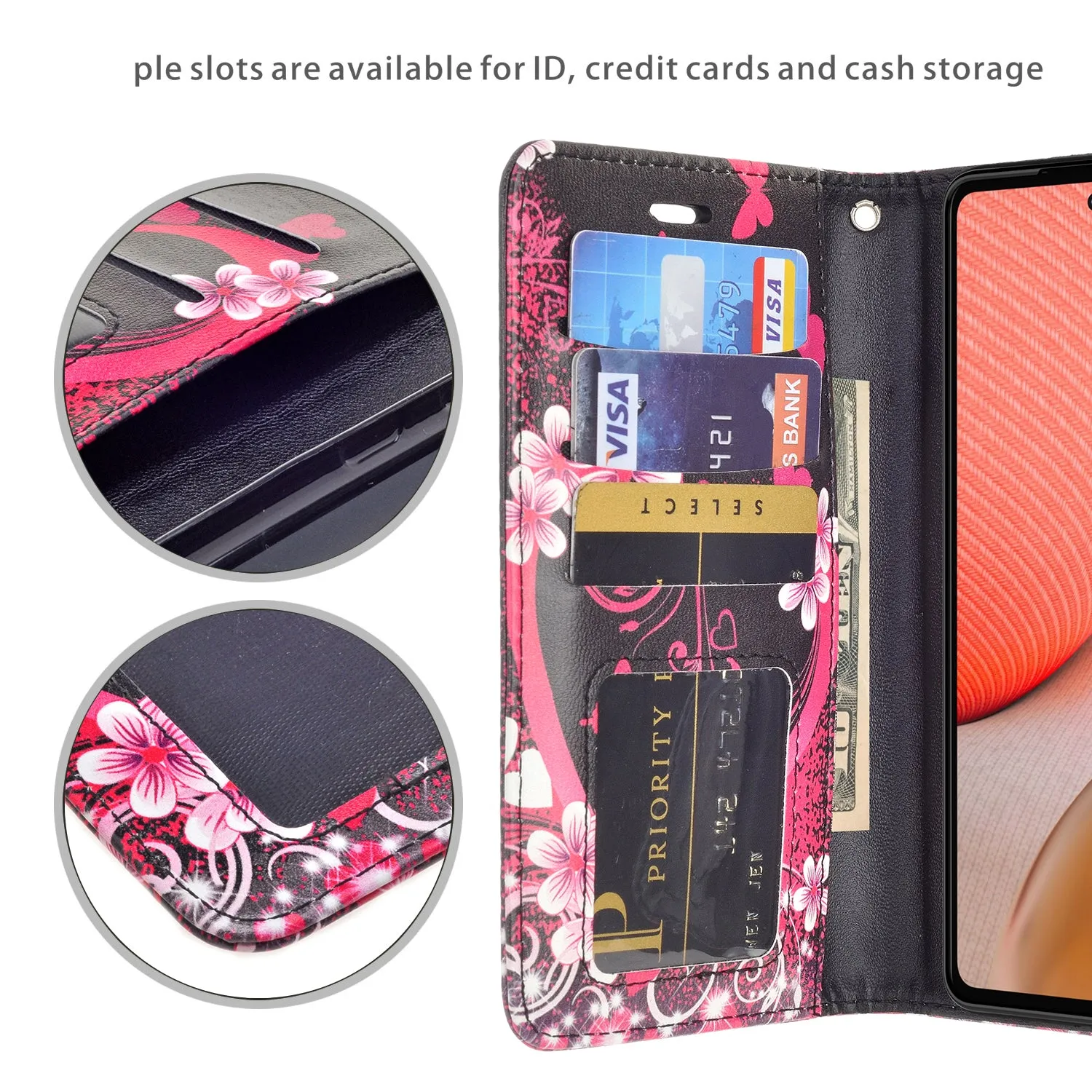 Samsung Galaxy A02s Case, Galaxy A02s Wallet Case, Wrist Strap Pu Leather Wallet Case [Kickstand] with ID & Credit Card Slots - Heart Butterflies