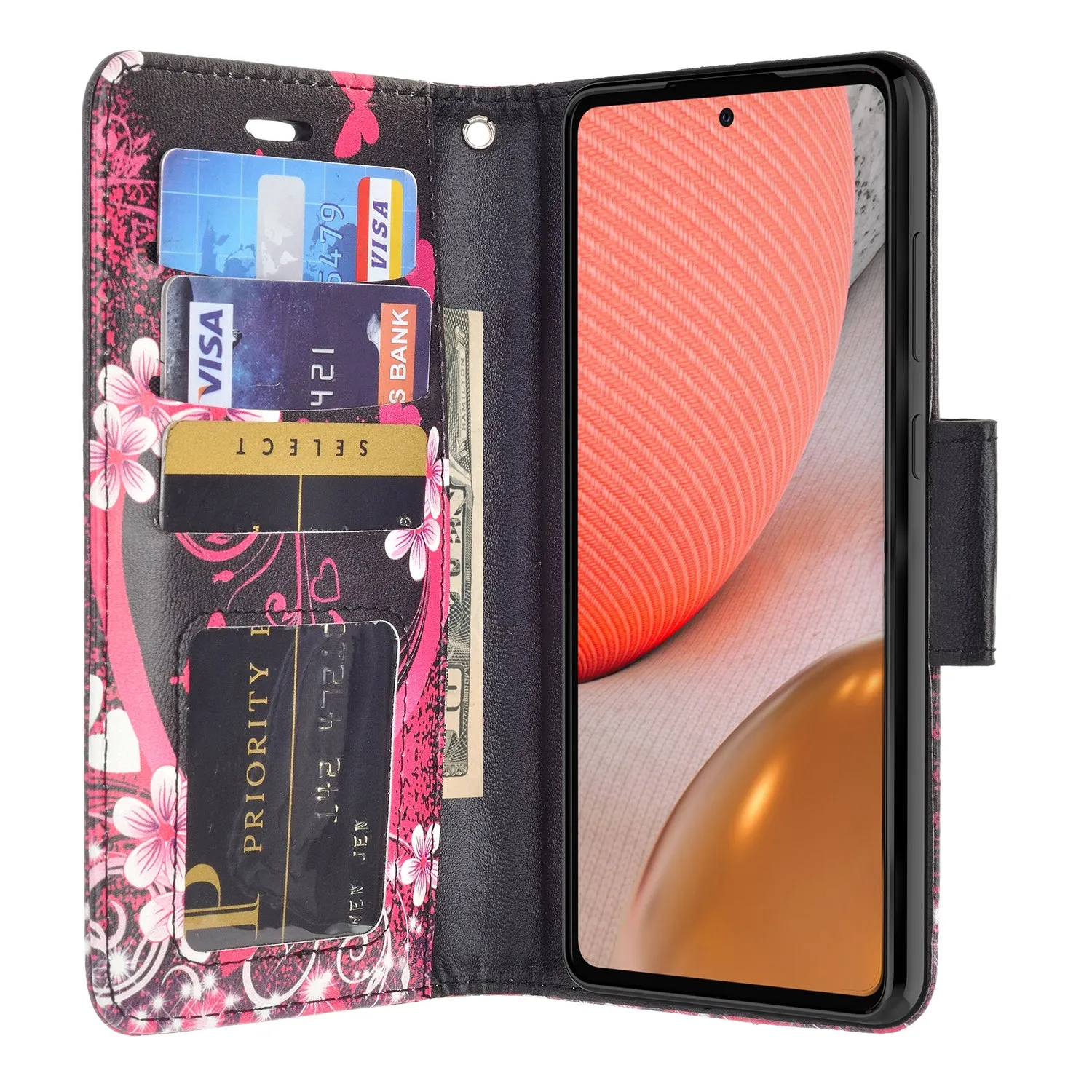 Samsung Galaxy A02s Case, Galaxy A02s Wallet Case, Wrist Strap Pu Leather Wallet Case [Kickstand] with ID & Credit Card Slots - Heart Butterflies