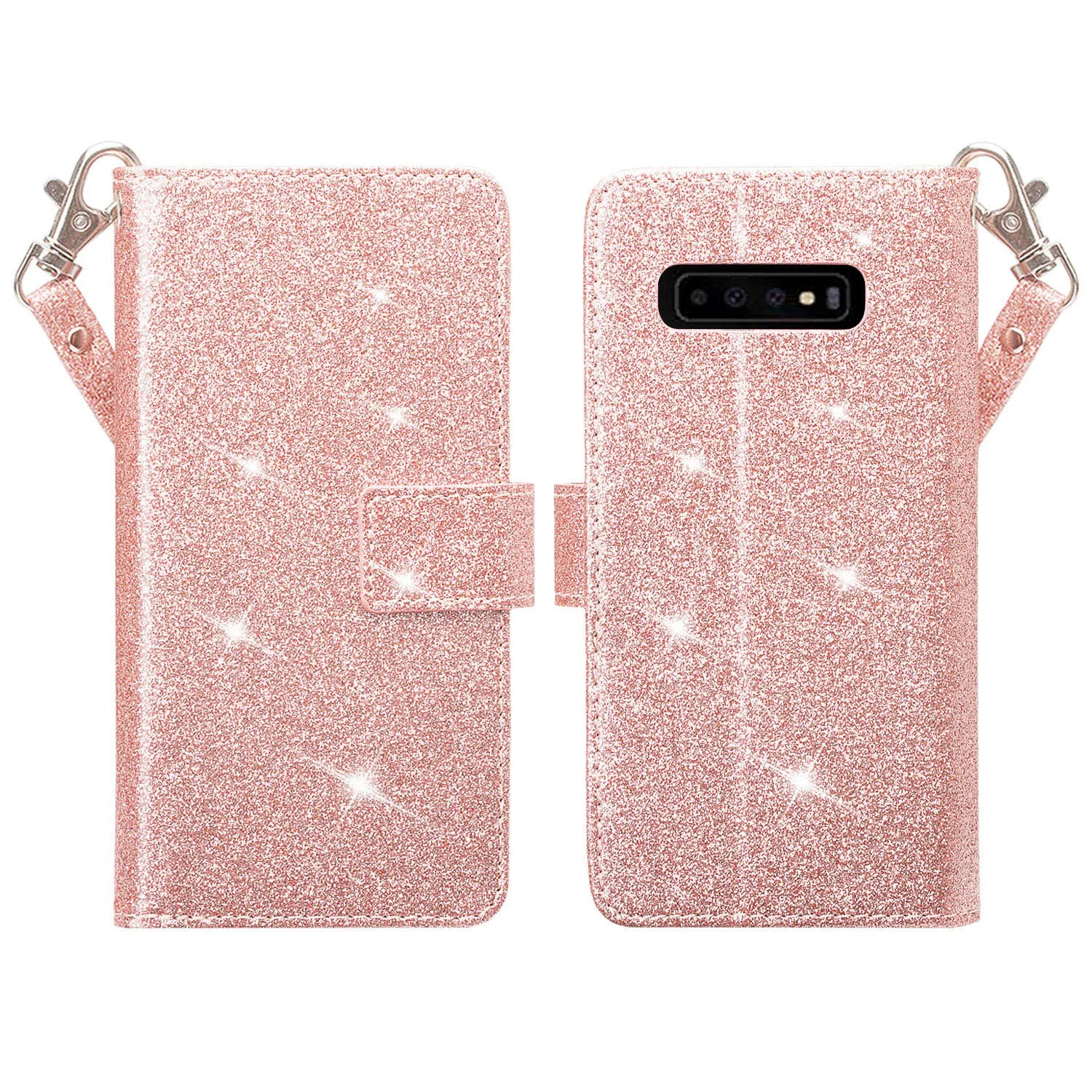 Samsung Galaxy S10 Plus Case, Samsung Galaxy S10  Case, Glitter Faux Leather Flip Credit Card Holder Wrist Strap Shockproof Protective Wallet Case Clutch for Samsung Galaxy S10/Galaxy S10  - Rose Gold