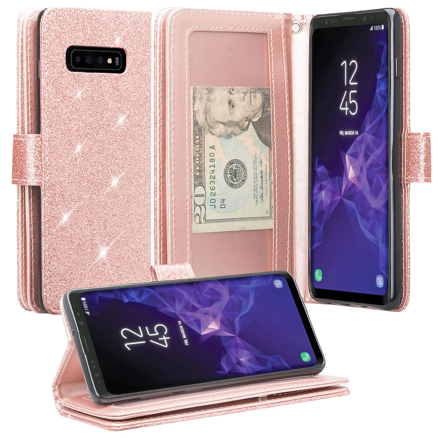 Samsung Galaxy S10 Plus Case, Samsung Galaxy S10  Case, Glitter Faux Leather Flip Credit Card Holder Wrist Strap Shockproof Protective Wallet Case Clutch for Samsung Galaxy S10/Galaxy S10  - Rose Gold