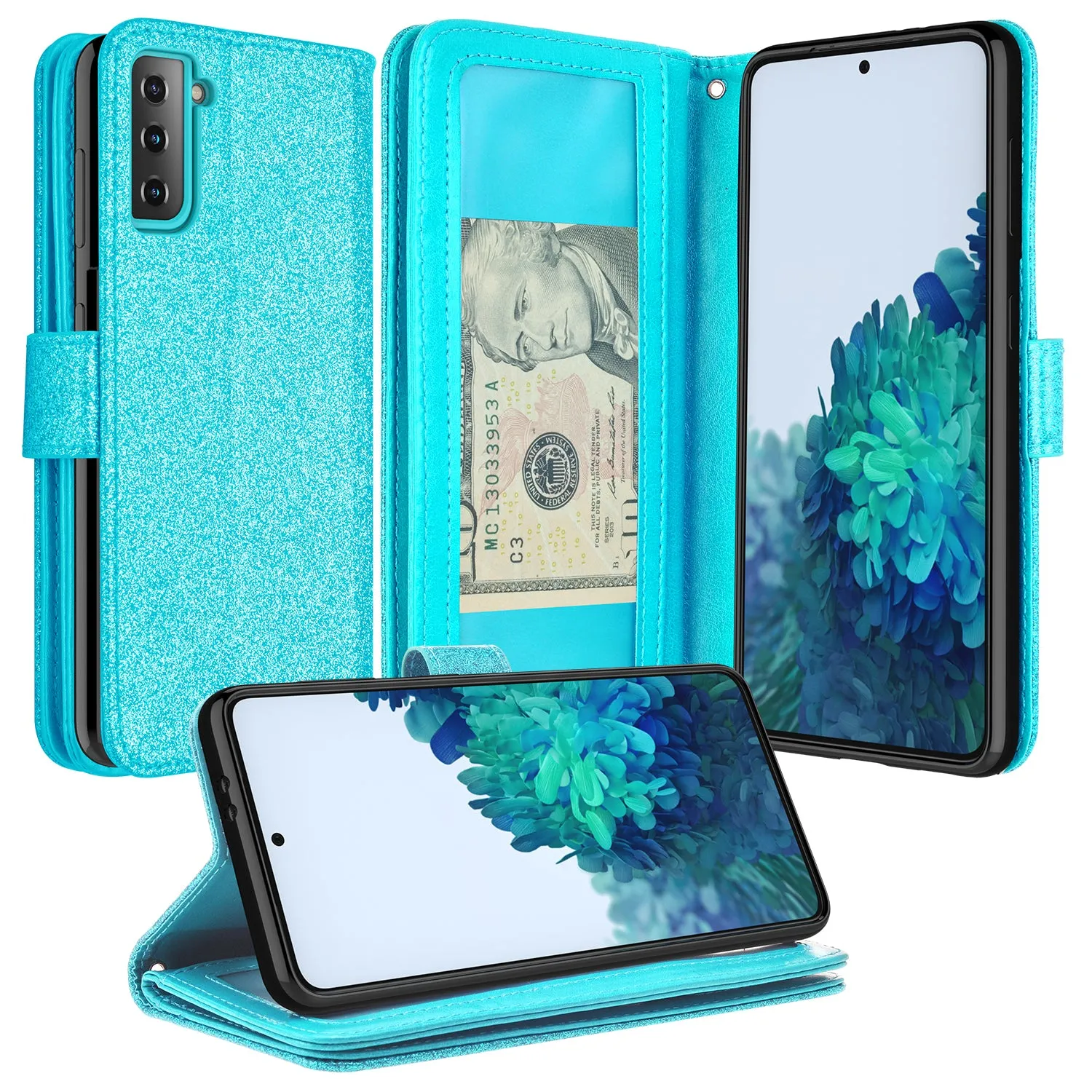 Samsung Galaxy S21  Case, Galaxy S21 Plus Case, Glitter Faux Leather Flip Credit Card Holder Wrist Strap Shockproof Protective Wallet Case Clutch for Galaxy S21  /Galaxy S21 Plus - Teal