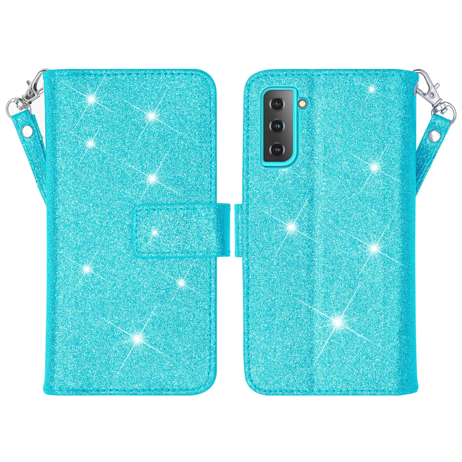 Samsung Galaxy S21  Case, Galaxy S21 Plus Case, Glitter Faux Leather Flip Credit Card Holder Wrist Strap Shockproof Protective Wallet Case Clutch for Galaxy S21  /Galaxy S21 Plus - Teal