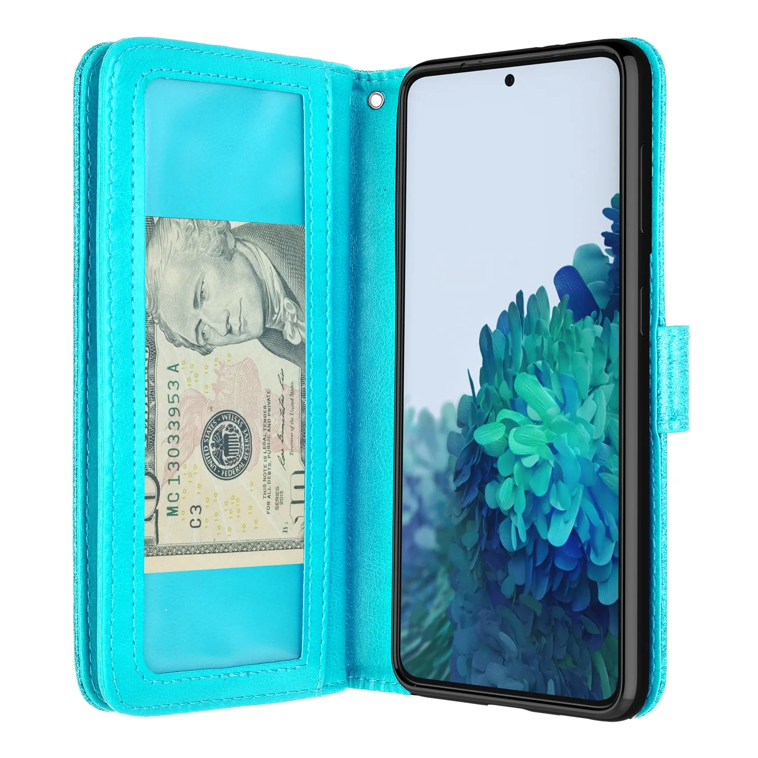 Samsung Galaxy S21  Case, Galaxy S21 Plus Case, Glitter Faux Leather Flip Credit Card Holder Wrist Strap Shockproof Protective Wallet Case Clutch for Galaxy S21  /Galaxy S21 Plus - Teal