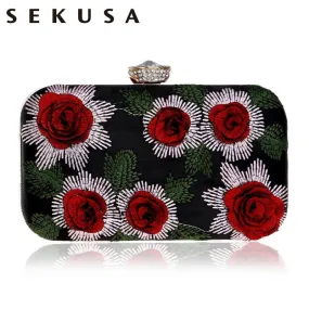 SEKUSA Vintage Embroidery Women Evening Bag 3DFlower Rose Rhinestones Small Purse Party Wedding Ladies Crossbody Shoulder Bags