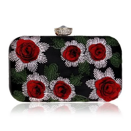 SEKUSA Vintage Embroidery Women Evening Bag 3DFlower Rose Rhinestones Small Purse Party Wedding Ladies Crossbody Shoulder Bags