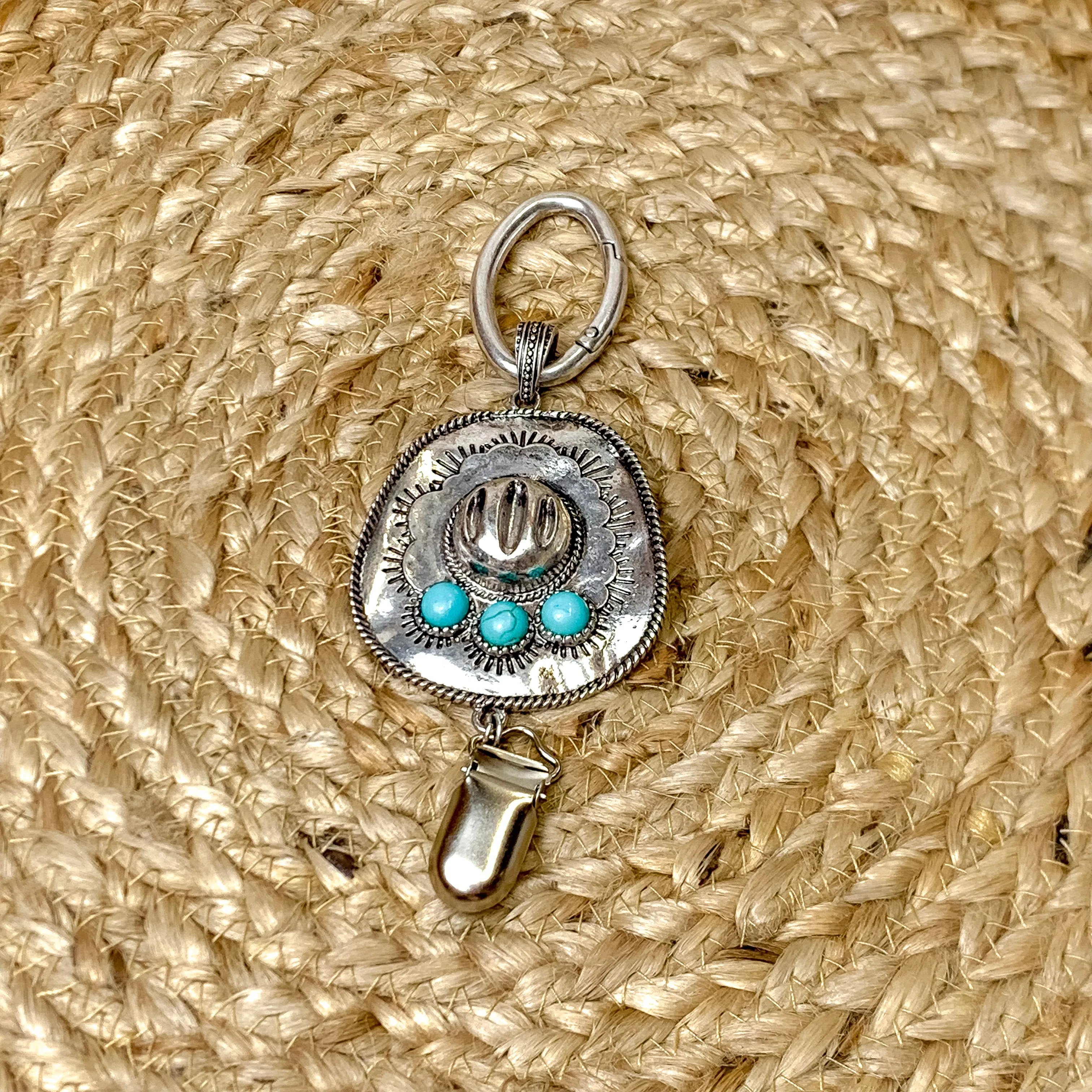 Silver Cowboy Hat with Faux Turquoise Accents Hat Clip