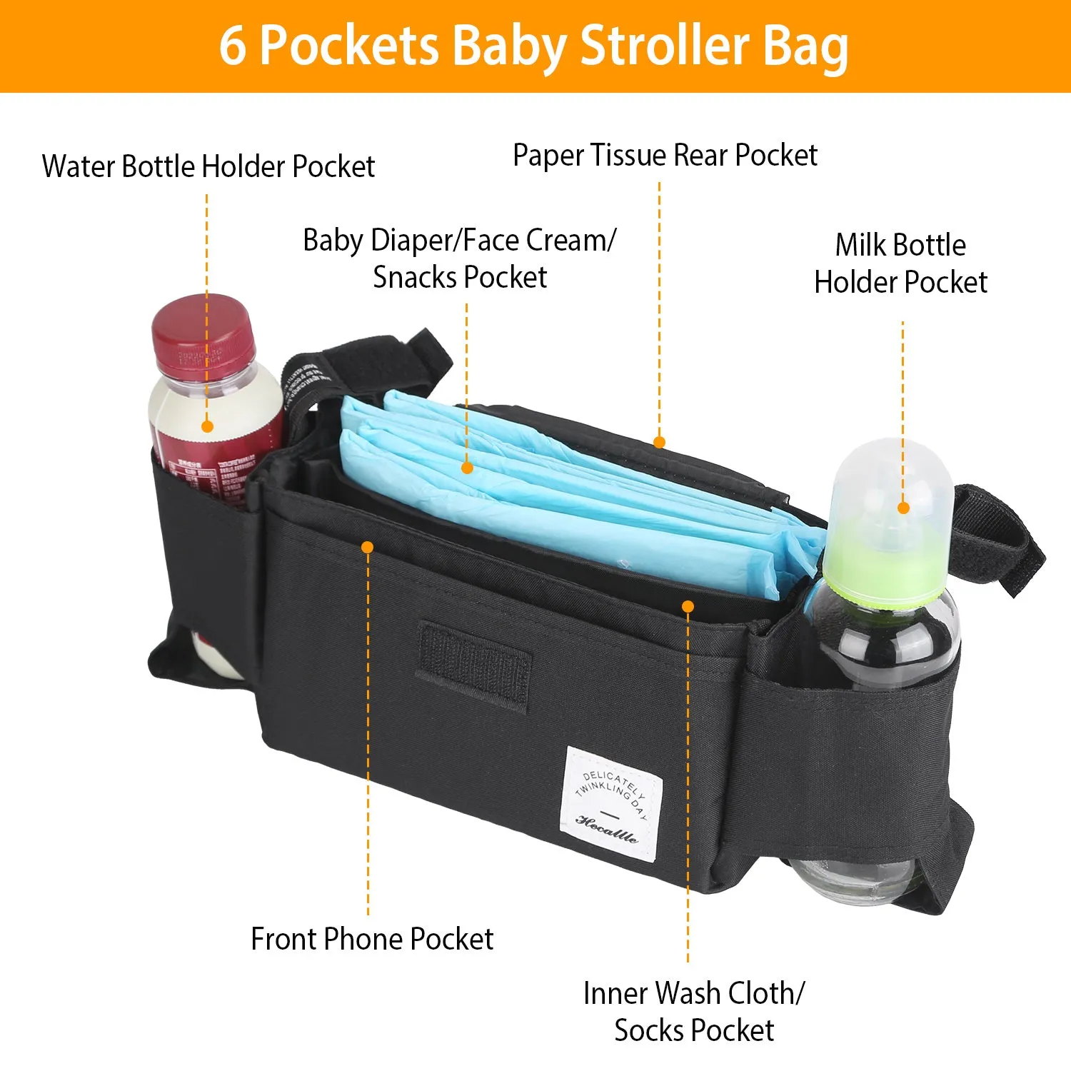 Stroller Organizer Bag 6 Pockets Baby Trolley Bag with Cup Holder for Paper Tissue Diaper Phone Snacks Baby Cream