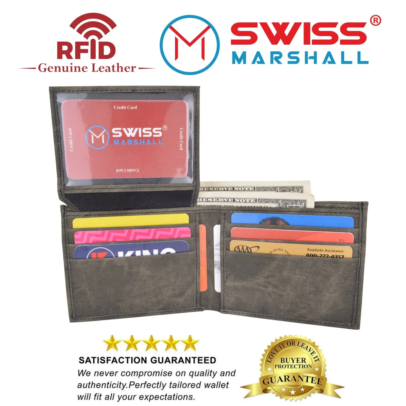 Swiss Marshall RFID Blocking Men's Vegan Leather 2 ID Windows Bifold Wallet RFID530053VG