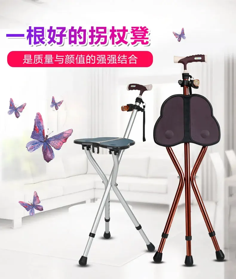 The crutches and canes for elderly, four-legged crutches seat, non-slip can sit on crutches, and chair folds