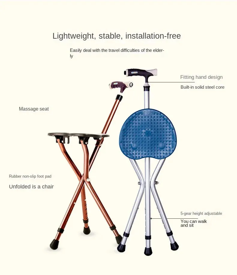 The crutches and canes for elderly, four-legged crutches seat, non-slip can sit on crutches, and chair folds