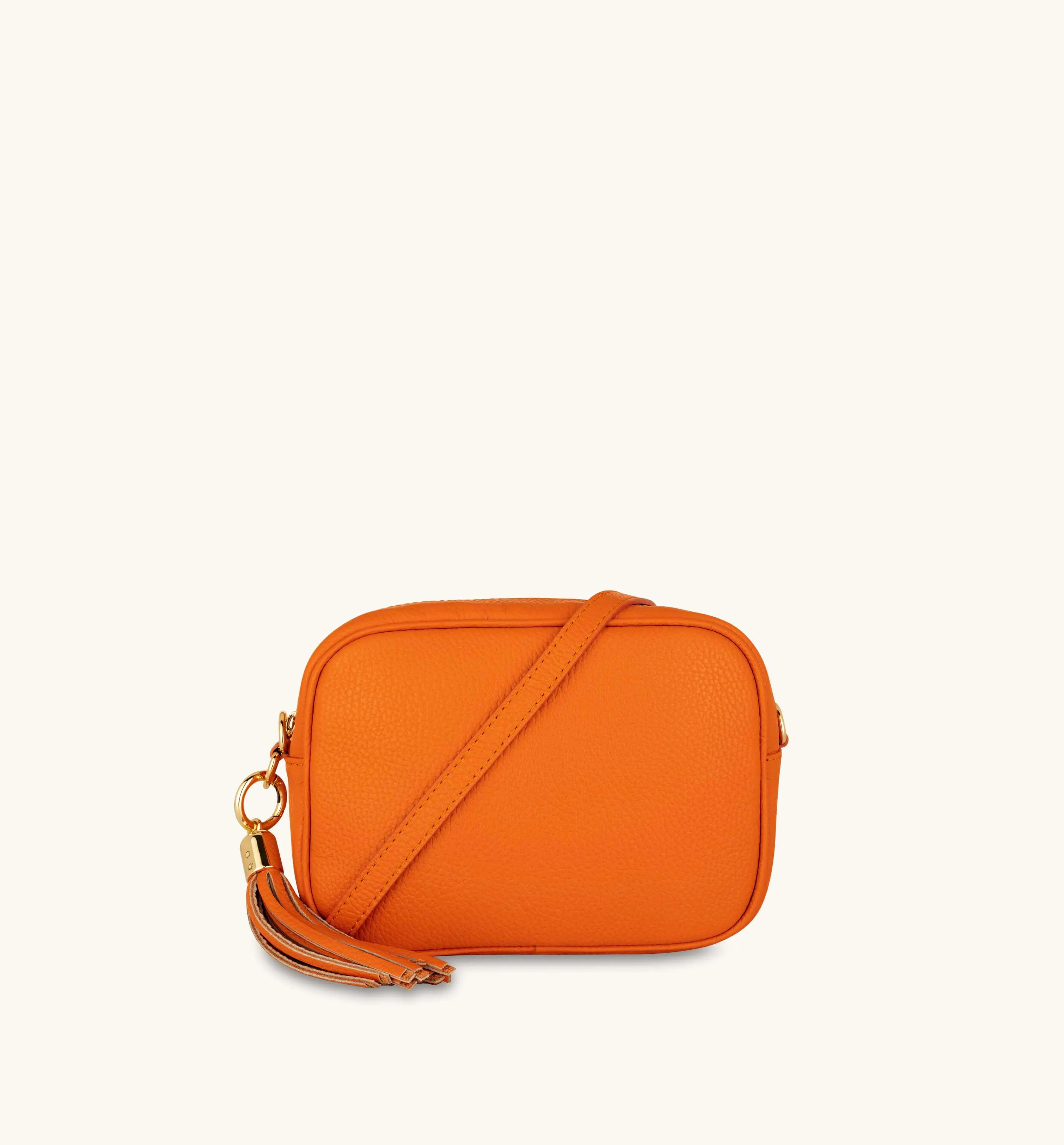 The Tassel Orange Leather Crossbody Bag With Gold Chain Strap