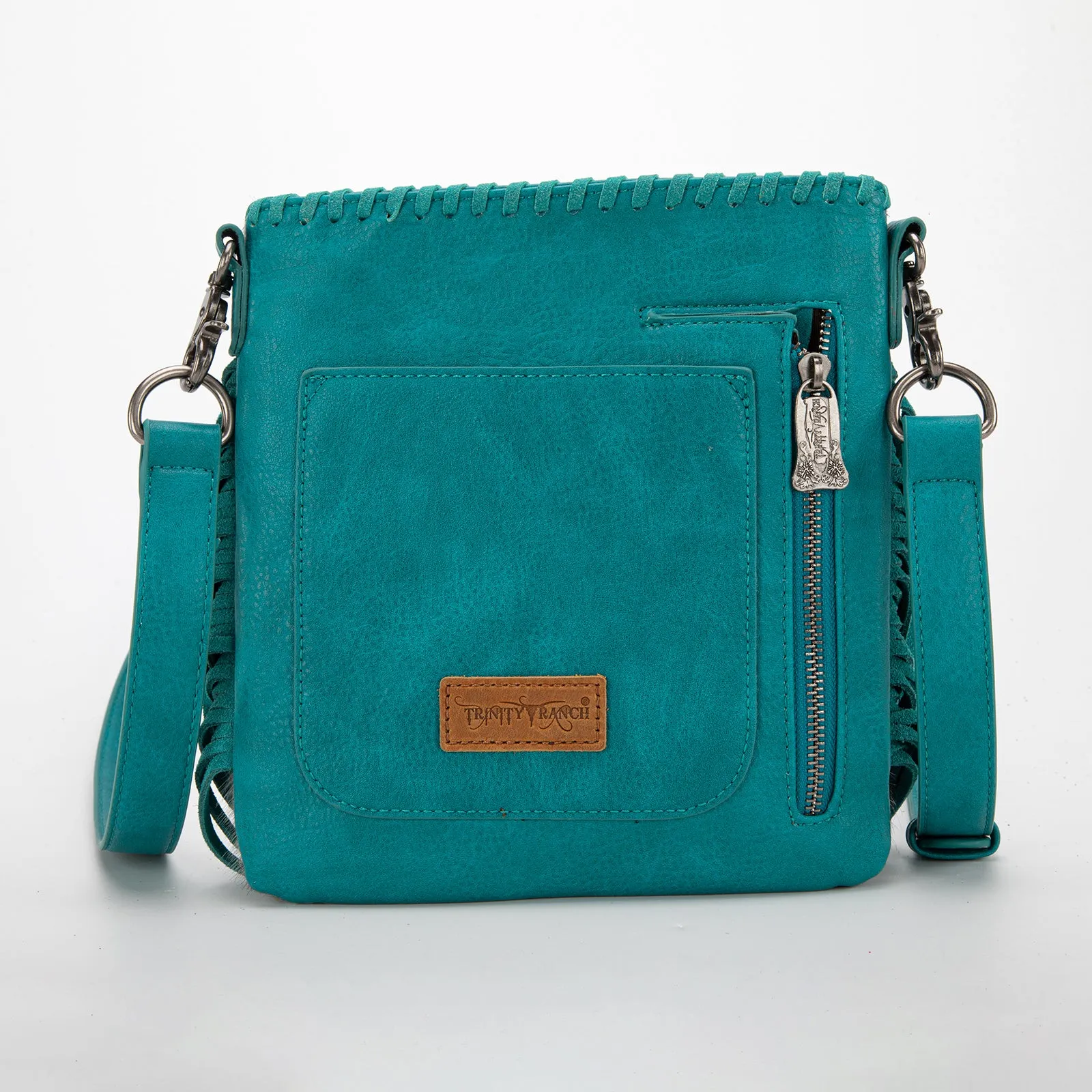 TR162G-2001   Trinity Ranch Hair-On Cowhide Fringe Concealed Carry Crossbody Bag -Turquoise