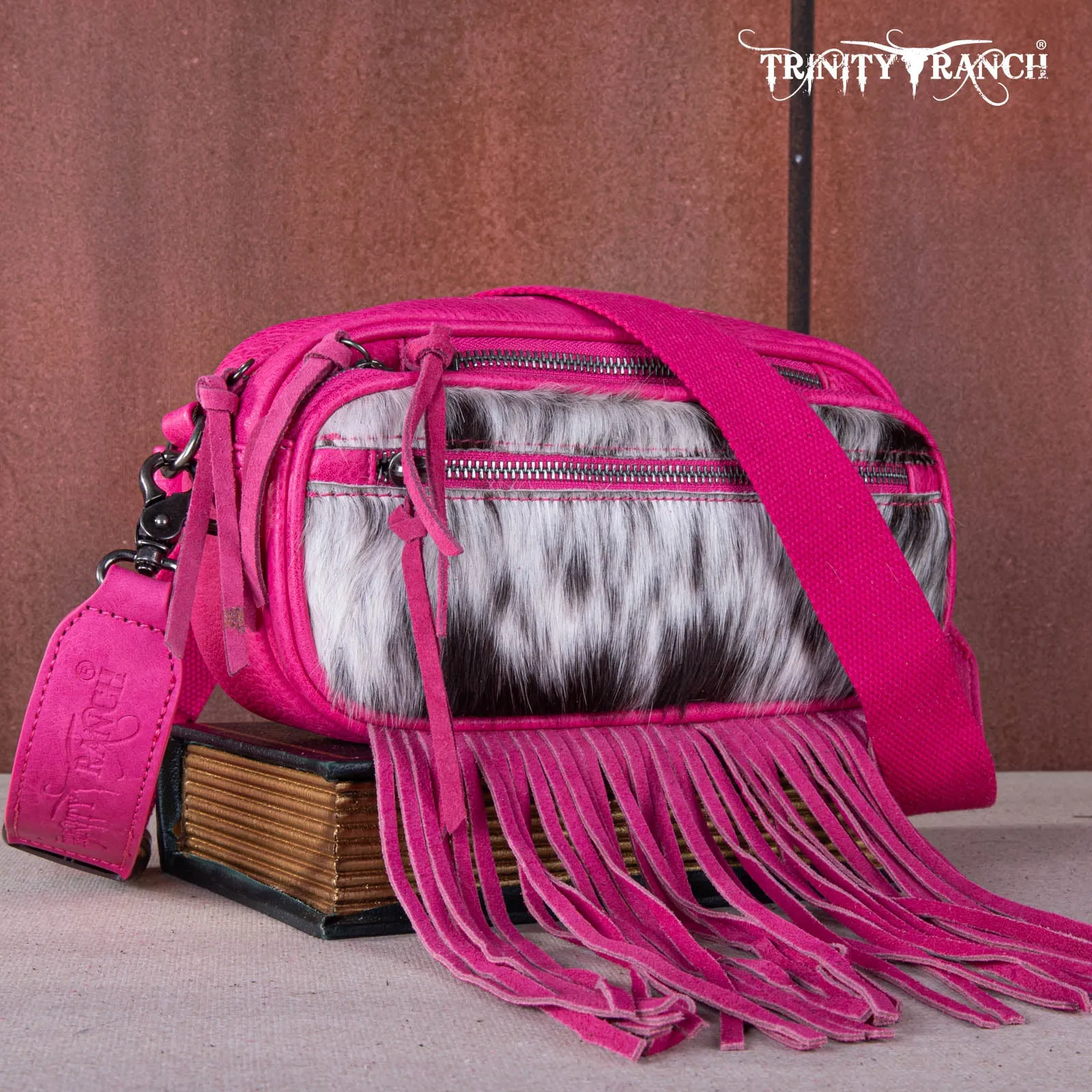 TR165-197  Trinity Ranch Genuine Hair-On Cowhide Triple Zippered Pocket Fringe Belt Bag