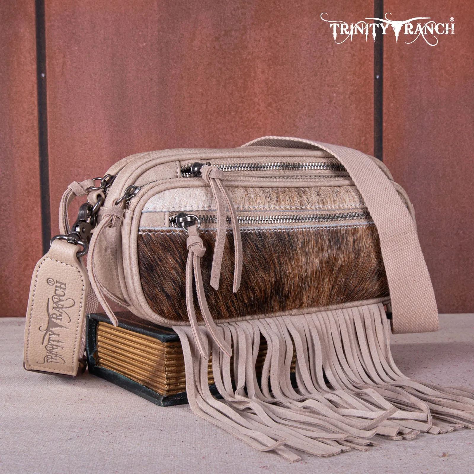 TR165-197  Trinity Ranch Genuine Hair-On Cowhide Triple Zippered Pocket Fringe Belt Bag