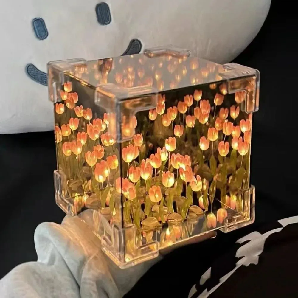 Tulip Mirror Cube Sleeping Table Lamp Romantic Handmade Craft Light