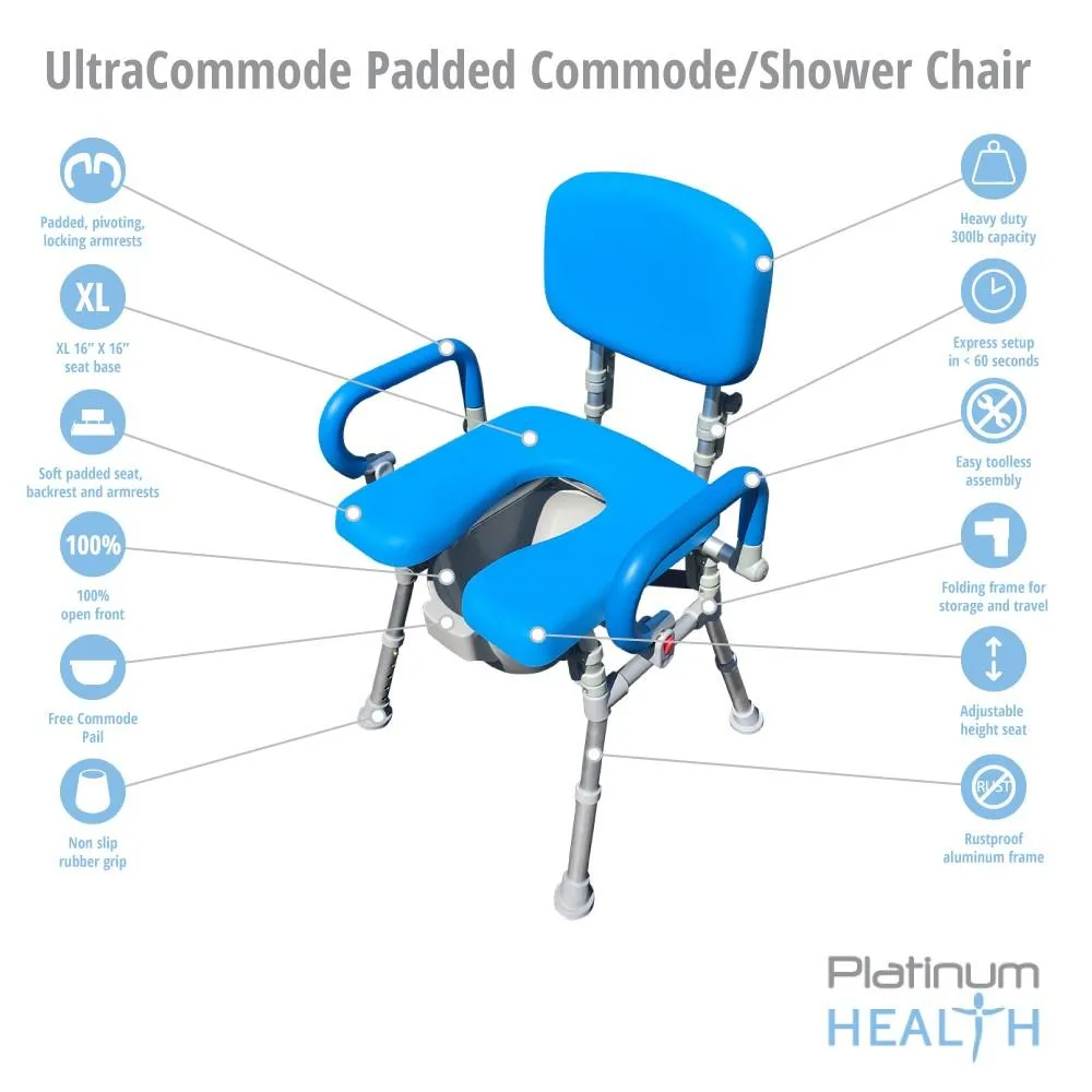 UltraCommode Voted #1 Most Comfortable Bedside Commode Chair - Soft, Warm, Padded and Foldable. XL Seat with 100% Open Front, Padded Pivoting Armrests, Adjustable Height. FREE Commode Pail