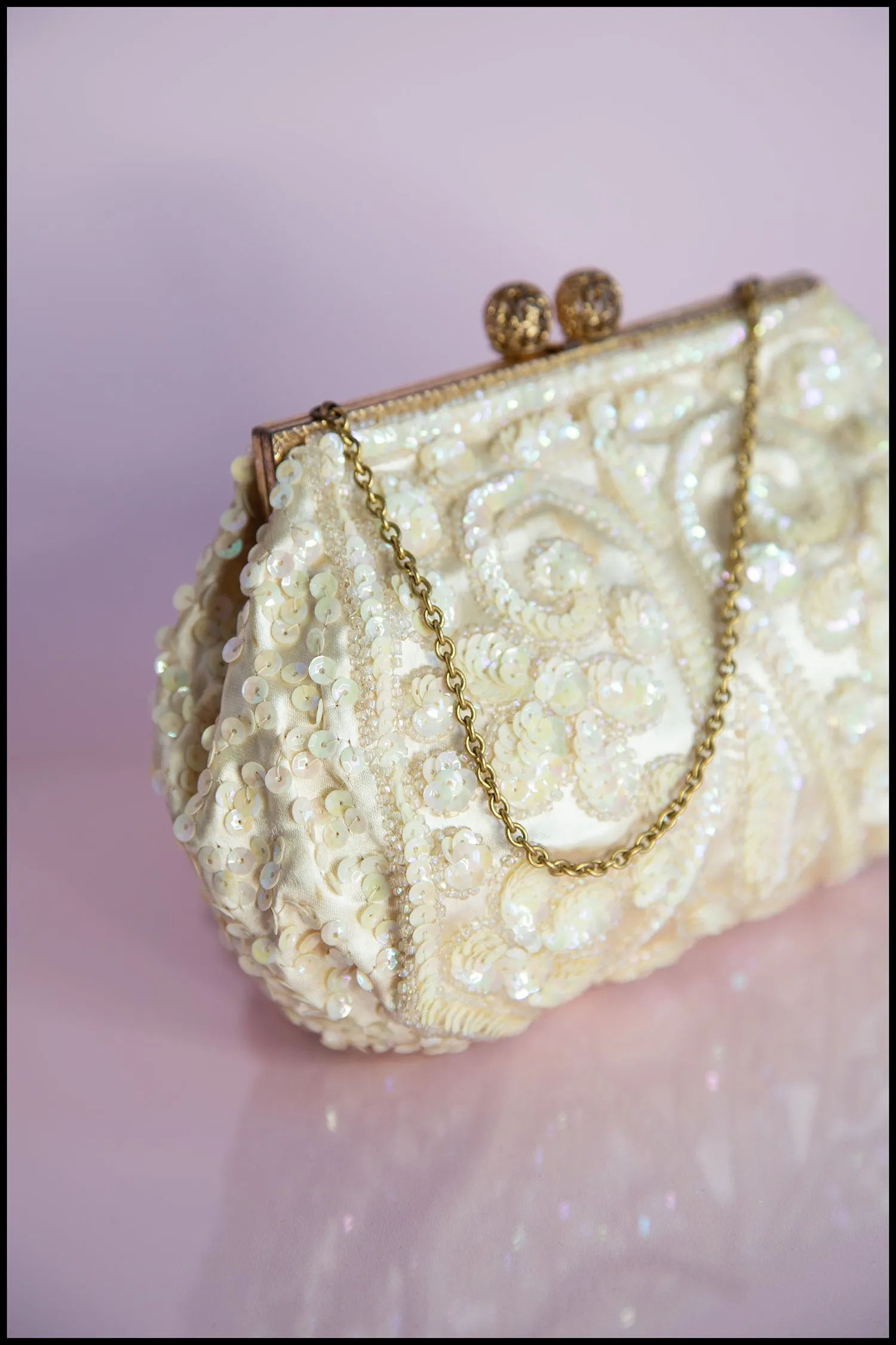 Vintage 1950s Cream Sequin Satin Evening Bag