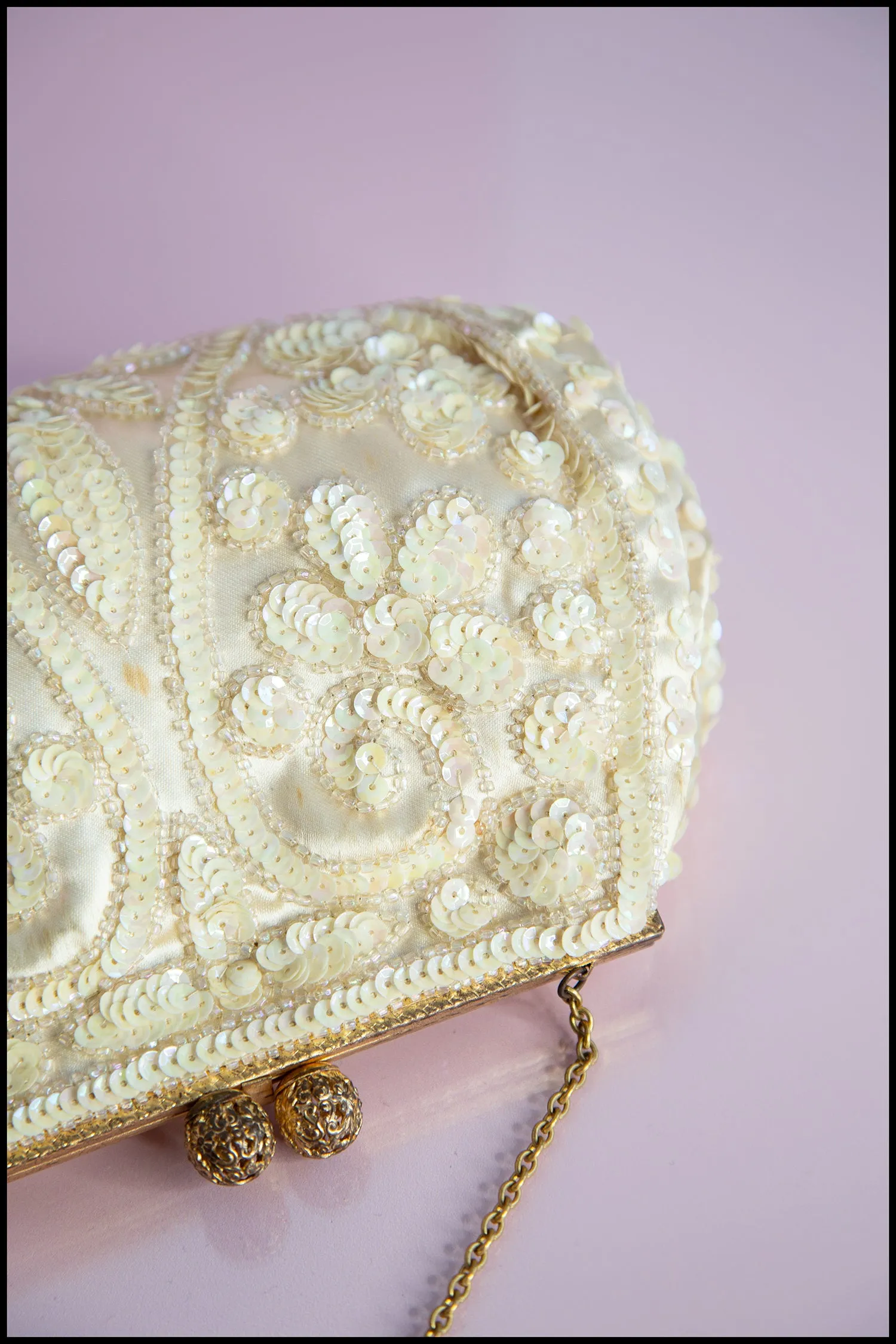 Vintage 1950s Cream Sequin Satin Evening Bag