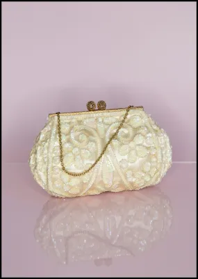 Vintage 1950s Cream Sequin Satin Evening Bag