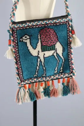 Vintage 1970s - 1980s Egyptian CAMEL Carpet Bag with Beaded Tassels