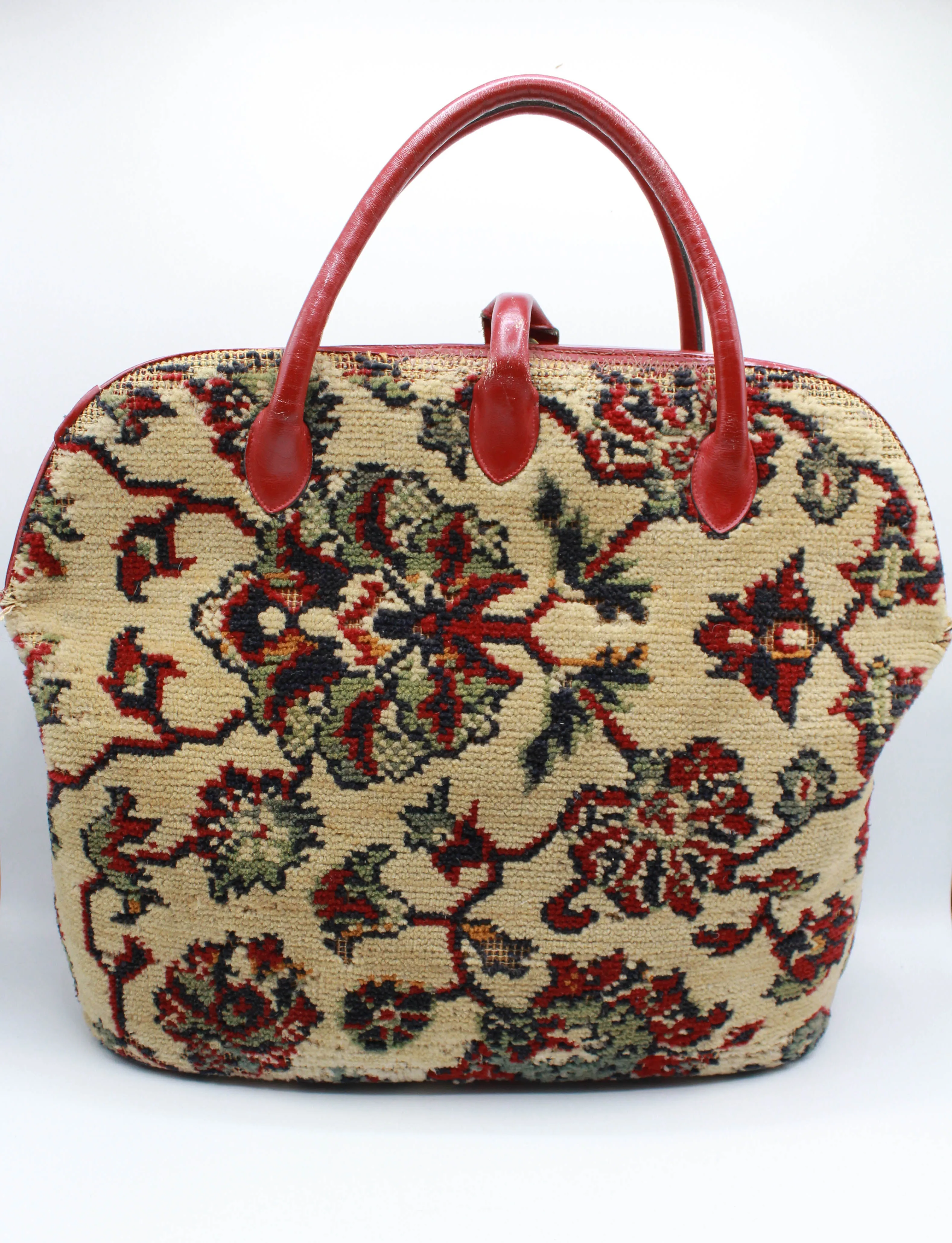 Vintage 60's Floral Carpet Bag Purse Red Leather Trim