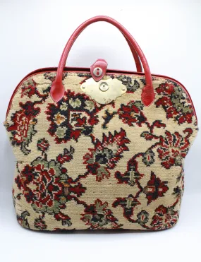 Vintage 60's Floral Carpet Bag Purse Red Leather Trim