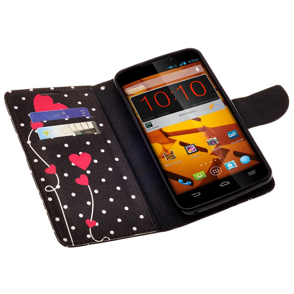 ZTE Max | N9520 | Boost Max Case, Wrist Strap Magnetic Flip Fold[Kickstand] Pu Leather Wallet Case with ID & Card Slots - Polka Dot Hearts