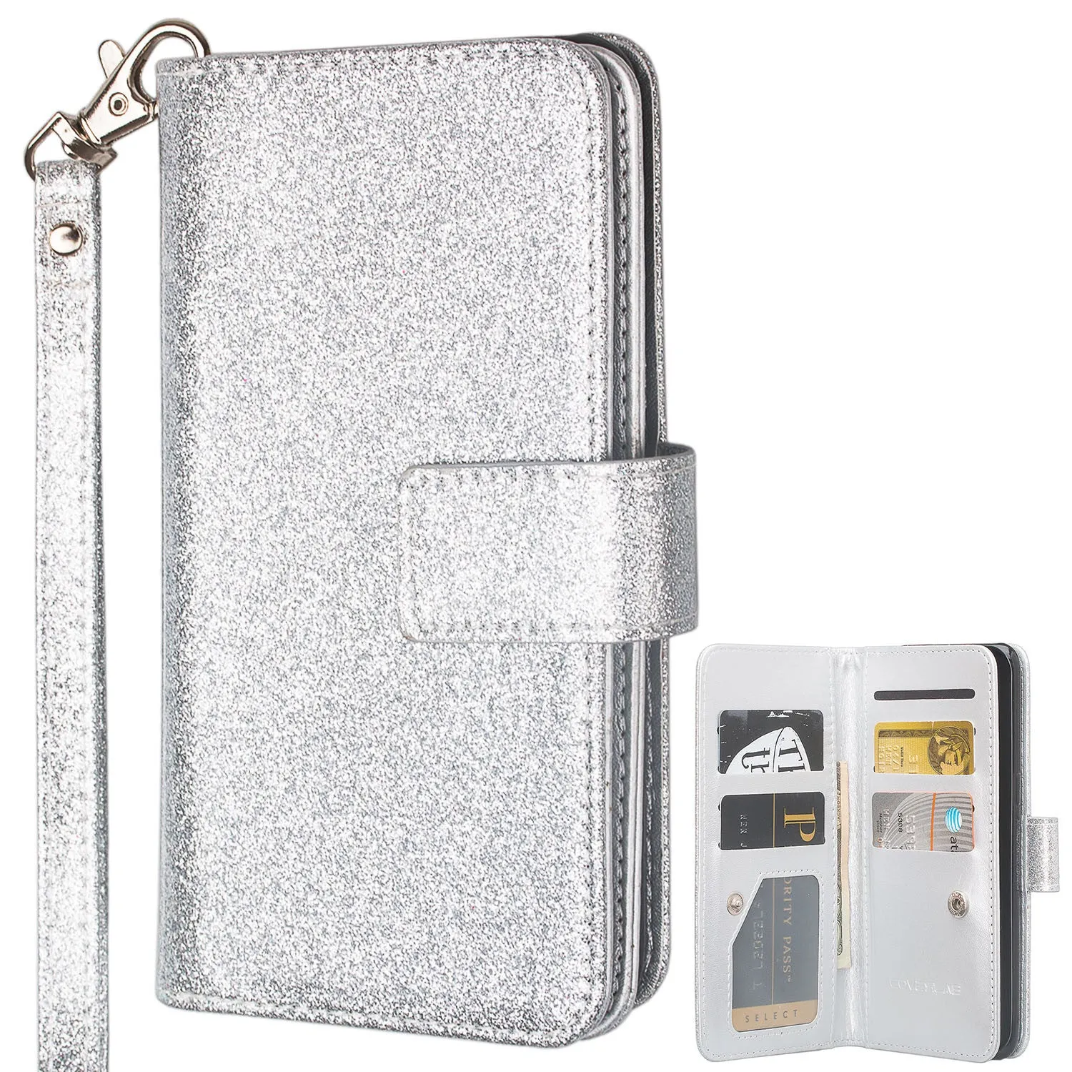 ZTE Max XL Case, ZTE Blade Max 3, ZTE Max Blue, [Wrist Strap] Glitter Faux Leather Flip [Kickstand] Wallet Cover Wristlet - Silver