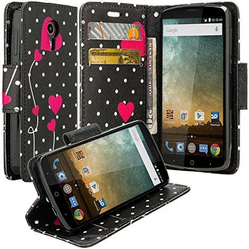 ZTE Prestige Case | ZTE Sonata 3 | ZTE Avid Plus | ZTE Avid Trio Pu Leather Magnetic Flip Fold[Kickstand] Wrist Strap Wallet Case with ID & Card Slots for ZTE Prestige/Sonata3/Avid/Avid Plus - Polka Dot Hearts