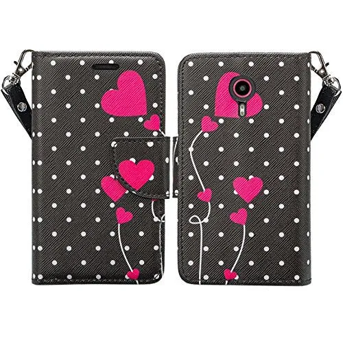 ZTE Prestige Case | ZTE Sonata 3 | ZTE Avid Plus | ZTE Avid Trio Pu Leather Magnetic Flip Fold[Kickstand] Wrist Strap Wallet Case with ID & Card Slots for ZTE Prestige/Sonata3/Avid/Avid Plus - Polka Dot Hearts